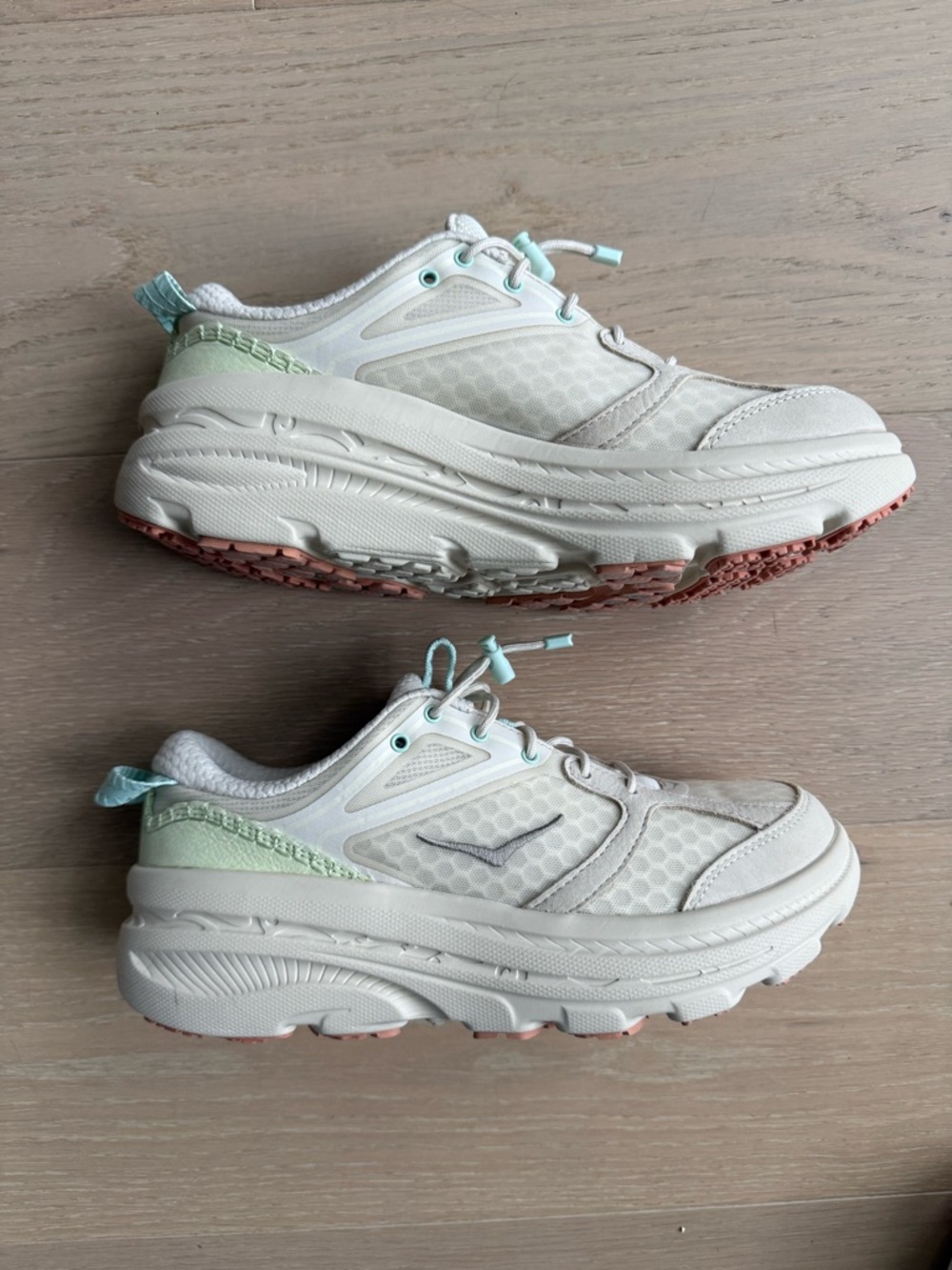 Hoka White Athletic Sneakers with Mint and Coral Accents